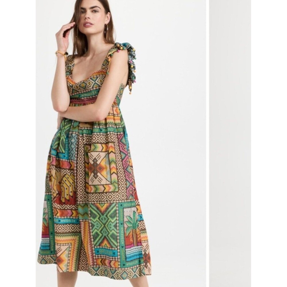 Farm Rio Banana Scarves Dress Boho Midi Cottagecore Eclectic Tropical Resort S